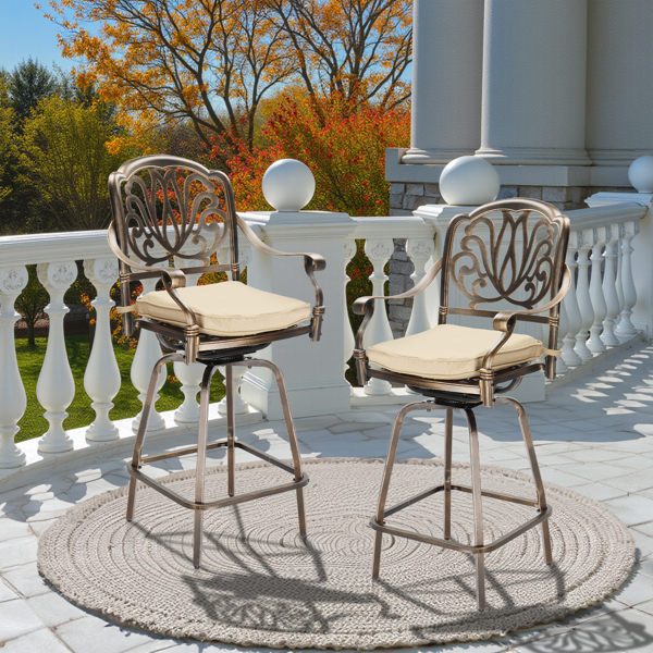 Outdoor Swivel Bar Stools Set of 2, Cast Aluminum Patio Bar Height Chairs, All-Weather Bar Dining Chairs Outdoor Swivel Chairs Furniture (Elizabethan Back)