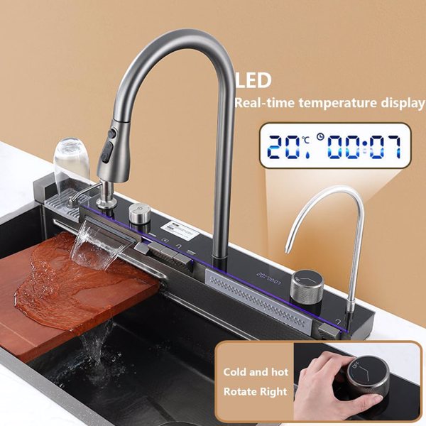 countertop Digital Display Waterfall Kitchen Sink, Drop in Black Single Bowl Stainless Steel Sink with Two Waterfalls & Cup Washer, Topmount Workstation Kitchen Sink with Accessories (29.5 x 17.7in)