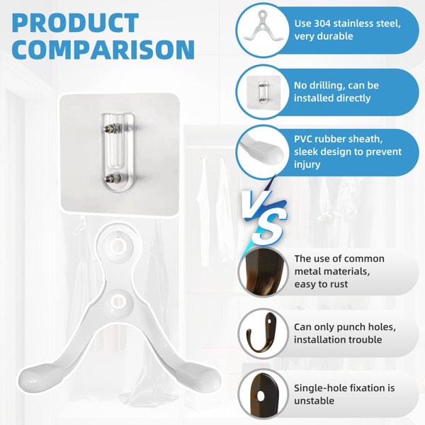 Stainless steel double-hung hooks for multi-functional use in bathroom entrance, living room and other areas