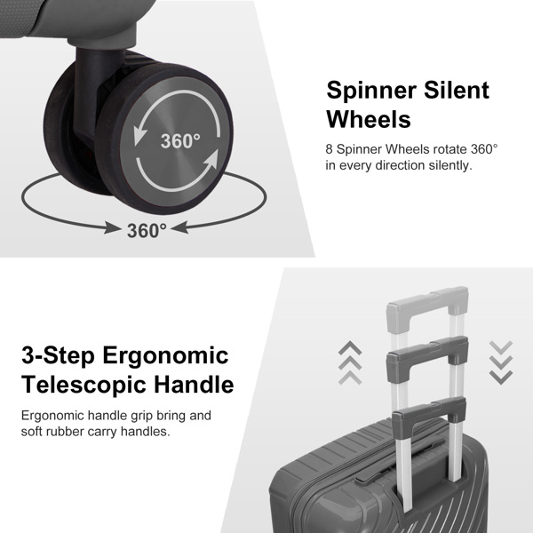 4-Piece Luggage Set with 2 Handbags & 8-Piece Toiletry Kit – Durable PP Suitcase (18in/20in/24in/28in) + 30L Travel Tote + 3L Crossbody Wash Bag – Iron Telescopic Handle – Dark Gray