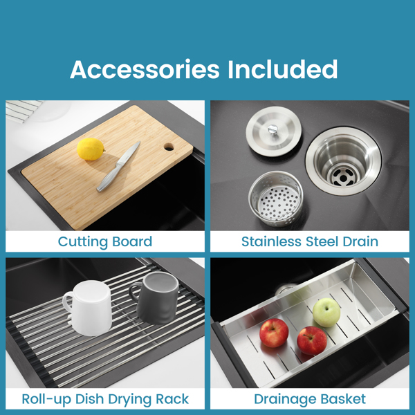 不锈钢厨房水槽，33“x22”单碗，黑色超装手工水槽，带砧板，Colander【周末不发货，TK/TEMU订单仅支持自提】-11