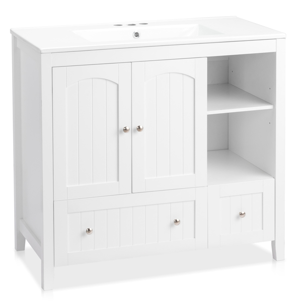 Without Basin White MDF spray paint double door double drawer with decorative strips bathroom cabinet 91*46*82cm