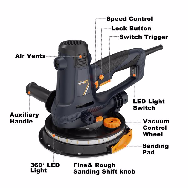 Handheld Drywall Sander 810W, Electric Sander for Walls,Rough and fine Sanding, 1500-2800RPM Variable Speed, Upgraded Pad, Adjustable Suction, Self-Dust-Extraction (120, Volts)[Unable to ship on weeke