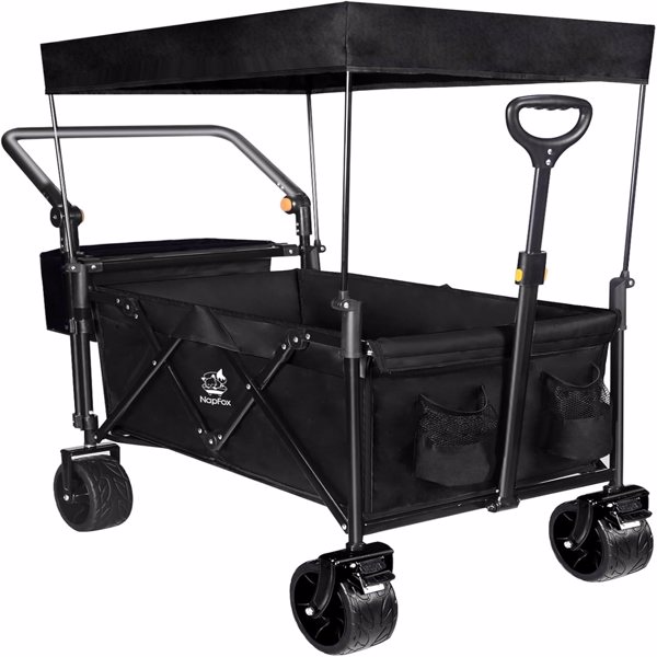 Collapsible Wagon Heavy Duty Wagons Carts Foldable with Removable Canopy, Foldable Wagon Cart with Wheels for All-Terrain with Brake, for Camping Beach Shopping 