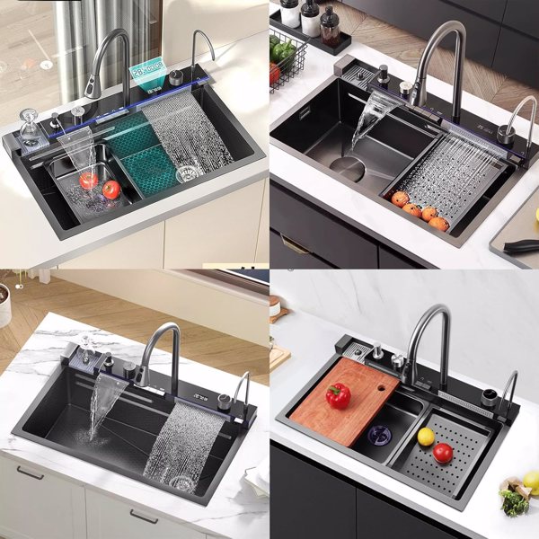 countertop Digital Display Waterfall Kitchen Sink, Drop in Black Single Bowl Stainless Steel Sink with Two Waterfalls & Cup Washer, Topmount Workstation Kitchen Sink with Accessories (29.5 x 17.7in)