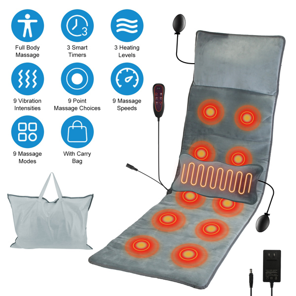 Full Body Electric Massage Mat with Heat Vibration Massage Pad Cushion Back Massage Mattress Chair Pad with Inflatable Head Pillow Lumbar Pillow with 10 Vibration Motors 3 Timers