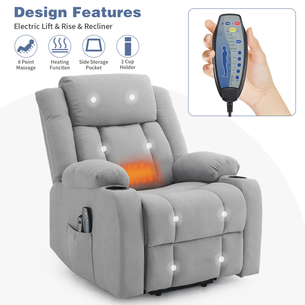 1pcs grey fabric electric elderly chair with 8-point massage belt heating 120kg indoor functional chair, UK