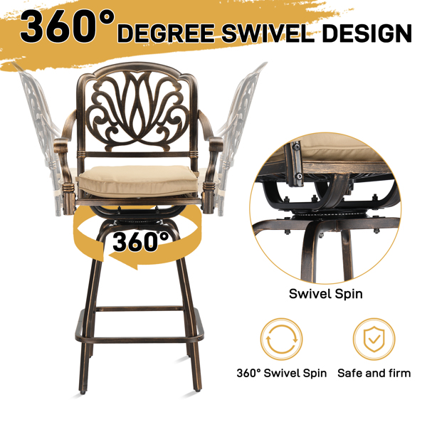 Outdoor Swivel Bar Stools Set of 2, Cast Aluminum Patio Bar Height Chairs, All-Weather Bar Dining Chairs Outdoor Swivel Chairs Furniture (Elizabethan Back)