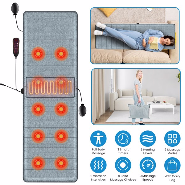 Full Body Electric Massage Mat with Heat Vibration Massage Pad Cushion Back Massage Mattress Chair Pad with Inflatable Head Pillow Lumbar Pillow with 10 Vibration Motors 3 Timers