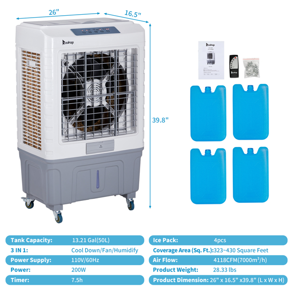 3 in 1 Portable Evaporative Cooler With dust filter,Indoor,Outdoor,4118CFM Personal Air Cooler with remote control and LCD screen,13.2 Gal Large Water Tank & Scroll Casters, 4 Ice Packs,White