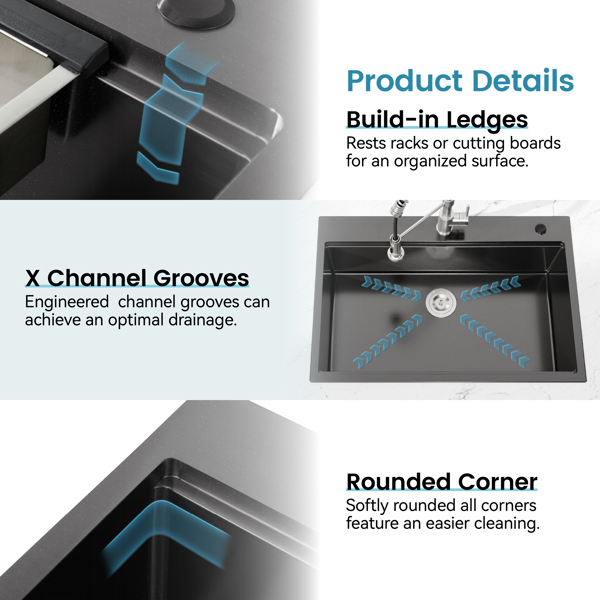 不锈钢厨房水槽，33“x22”单碗，黑色超装手工水槽，带砧板，Colander【周末不发货，TK/TEMU订单仅支持自提】-2