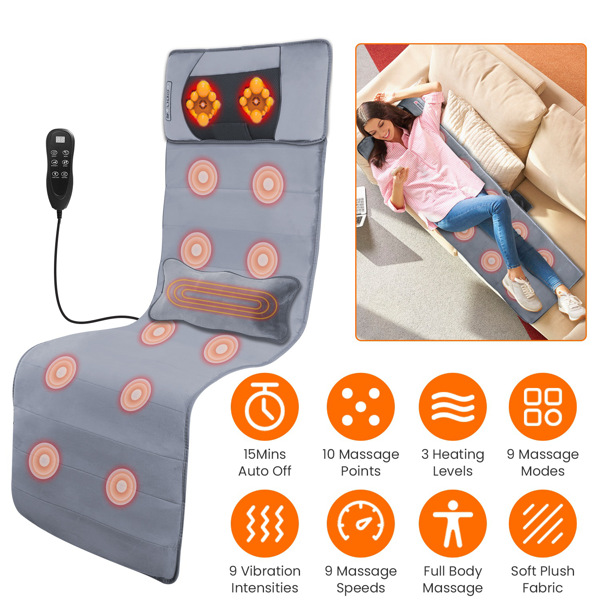 Full Body Electric Massage Mat with Heat Vibration Massage Pad Cushion Back Massage Mattress Chair Pad with Neck Massage Pillow with 10 Vibration Motors Timer