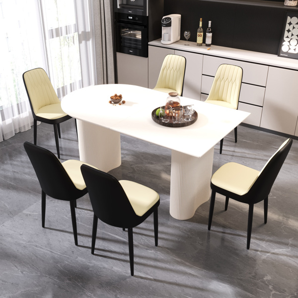 63 "medieval modern cream style MDF dining table and PU dining chair set 6. Assemble Desktop and black metal leg dining chair set, suitable for home&kitchen 