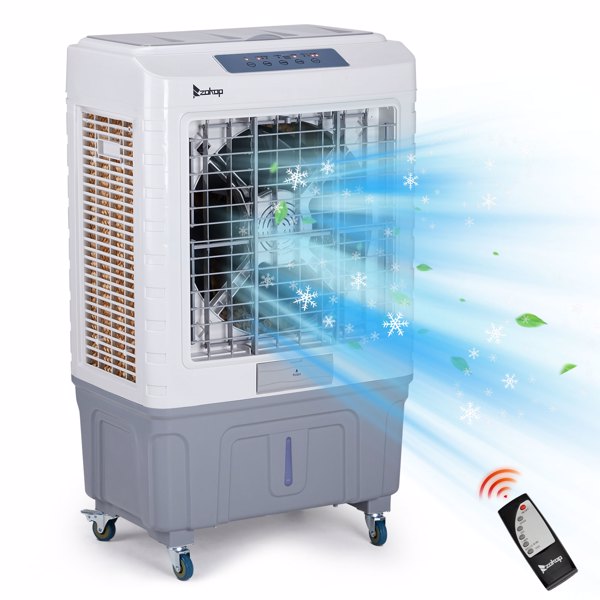 3 in 1 Portable Evaporative Cooler With dust filter,Indoor,Outdoor,4118CFM Personal Air Cooler with remote control and LCD screen,13.2 Gal Large Water Tank & Scroll Casters, 4 Ice Packs,White