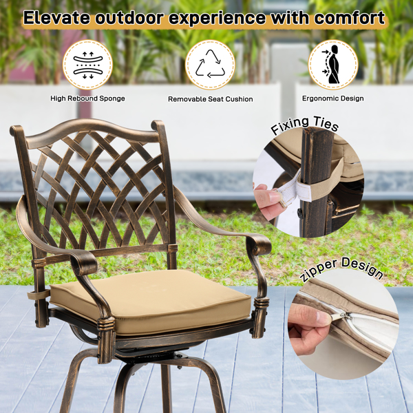 Outdoor Swivel Bar Stools Set of 2, Cast Aluminum Patio Bar Height Chairs, All-Weather Bar Dining Chairs Outdoor Swivel Chairs Furniture (Grid Back)