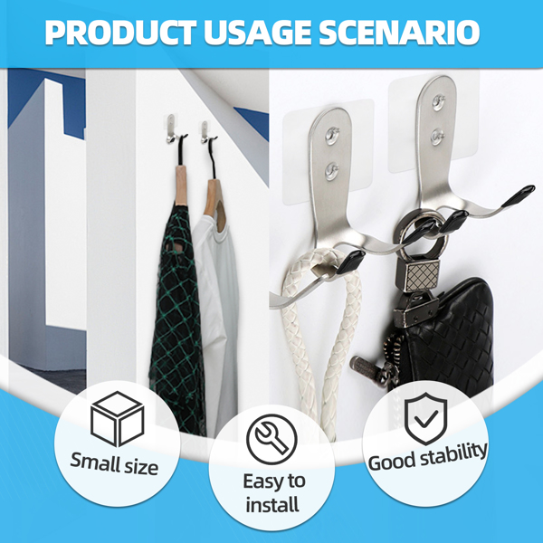 Stainless steel large-sized double-ended hook without drilling holes for kitchen and bathroom storage, suitable for hanging clothes and other items