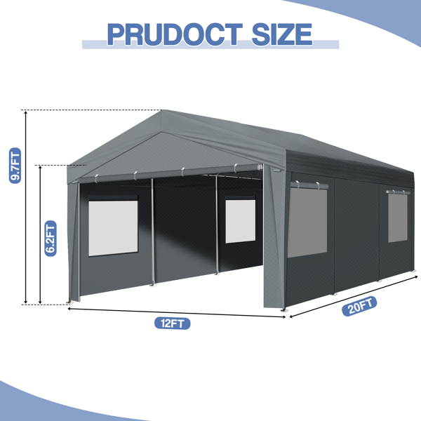 12x20 ft Carport Car Port Canopy Grey