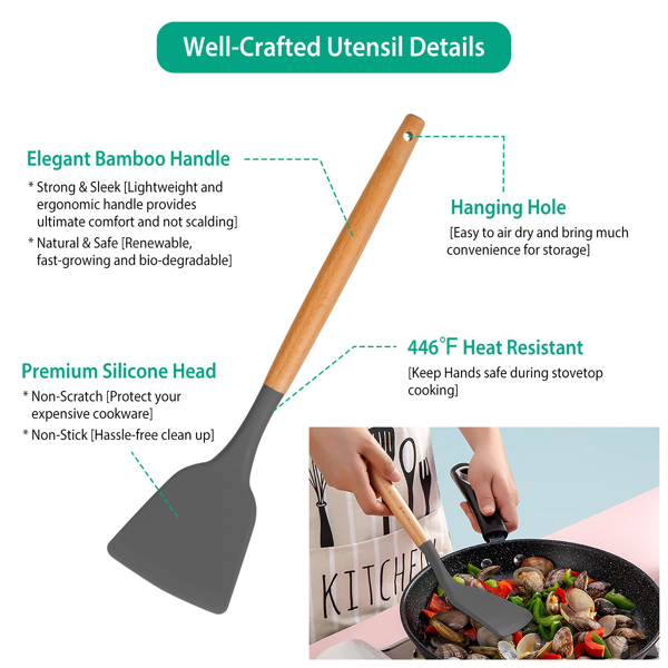 11Pcs Silicone Cooking Utensil Set Heat Resist Wooden Handle Silicone Spatula Ladle Spaghetti Server Tongs Spoon Egg whisk Kitchenware Set w/ Holder