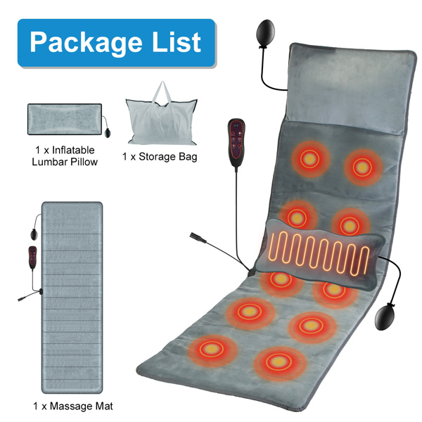 Full Body Electric Massage Mat with Heat Vibration Massage Pad Cushion Back Massage Mattress Chair Pad with Inflatable Head Pillow Lumbar Pillow with 10 Vibration Motors 3 Timers