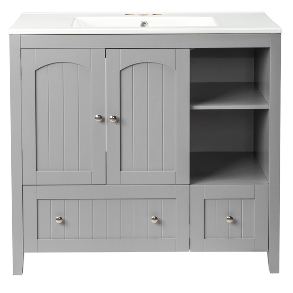 With Basin Grey MDF Lacquered Double Door & 2-Drawer Bathroom Vanity Cabinet with Decorative Molding - 91x46x82cm