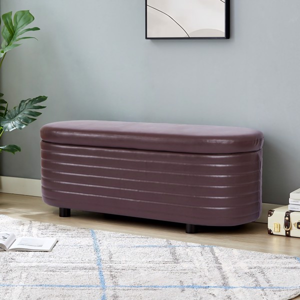 Brown Pu Leather, Modern Upholstered Storage Bench, End Of Bed Stool, For Living Room, Entryway, Bedroom