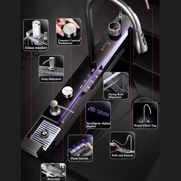 countertop Digital Display Waterfall Kitchen Sink, Drop in Black Single Bowl Stainless Steel Sink with Two Waterfalls & Cup Washer, Topmount Workstation Kitchen Sink with Accessories (29.5 x 17.7in)