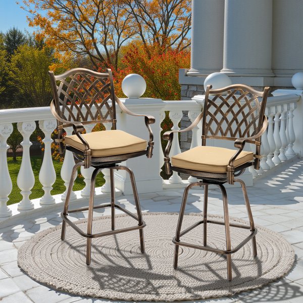 Outdoor Swivel Bar Stools Set of 2, Cast Aluminum Patio Bar Height Chairs, All-Weather Bar Dining Chairs Outdoor Swivel Chairs Furniture (Grid Back)