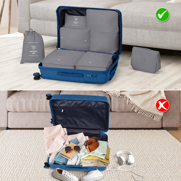 4-Piece Luggage Set with 2 Handbags & 8-Piece Toiletry Kit – Durable PP Suitcase (18in/20in/24in/28in) + 30L Travel Tote + 3L Crossbody Wash Bag – Iron Telescopic Handle – Dark Blue