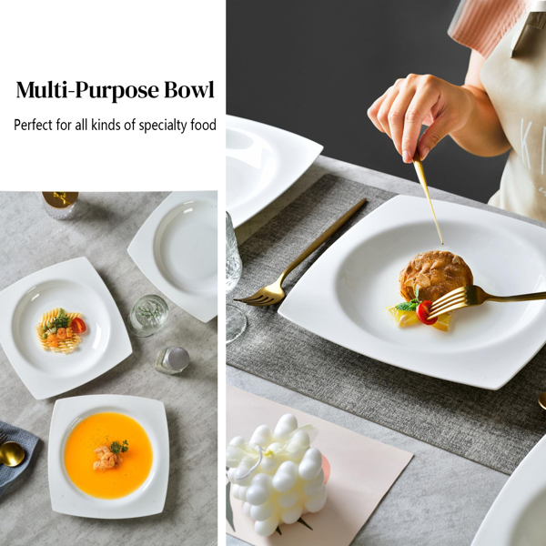Salad Kitchen Plate set for 6,Square Plate Sets for Elegant Dining,Microwave Safe White Plates Ceramic Tableware Set,Ideal for Home or Restaurant