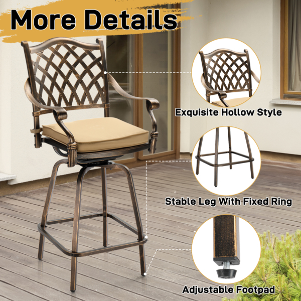 Outdoor Swivel Bar Stools Set of 2, Cast Aluminum Patio Bar Height Chairs, All-Weather Bar Dining Chairs Outdoor Swivel Chairs Furniture (Grid Back)