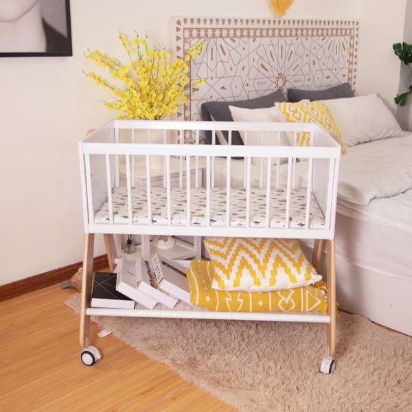 Wooden Bedside Bassinet Sleeper，Safe & Stylish Baby Crib Bassinet with Locking Wheels, Mosquito Net, Large Storage Basket, Mattress Pad Included, Bassinet for Newborn and Infants