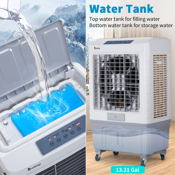 3 in 1 Portable Evaporative Cooler With dust filter,Indoor,Outdoor,4118CFM Personal Air Cooler with remote control and LCD screen,13.2 Gal Large Water Tank & Scroll Casters, 4 Ice Packs,White