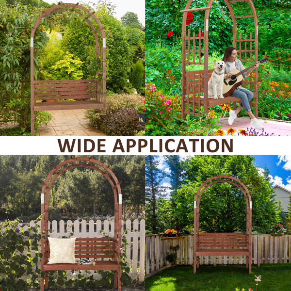 6.8FT Wooden Arch with Bench for 2 People, Garden Arbor Trellis for Climbing Plant, Outdoor Garden Lawn Backyard Patio Decor, Dark Brown