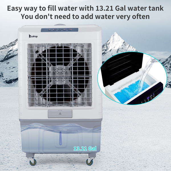 3 in 1 Portable Evaporative Cooler With dust filter,Indoor,Outdoor,4118CFM Personal Air Cooler with remote control and LCD screen,13.2 Gal Large Water Tank & Scroll Casters, 4 Ice Packs,White