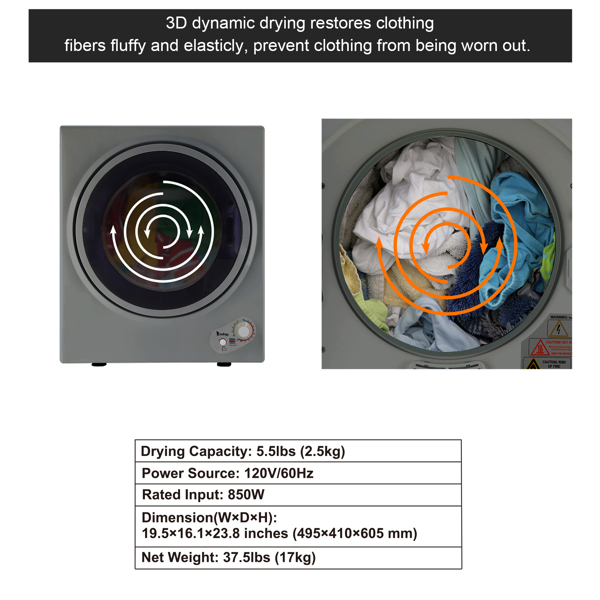 GYJ25-78G2 Compact Portable Household clothes Dryer 2.5KG 1.6cuft with Stainless Steel Drum Black and White 120V MECHANICAL Control ETL Certification