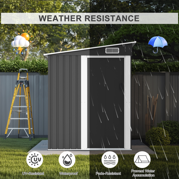 5*7FT Outdoor Storage Shed, Metal Garden Storage House with Slanted Roof & Double Sliding Doors for Backyard Outdoor Patio, Black
