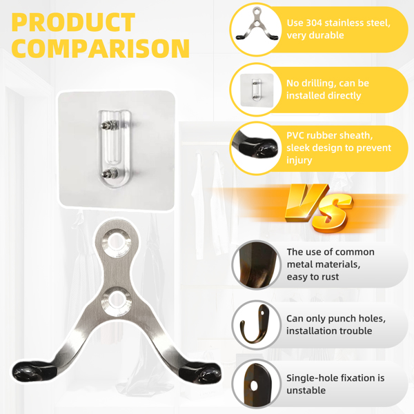 Stainless steel double-hung hooks for multi-functional use in bathroom entrance, living room and other areas.
