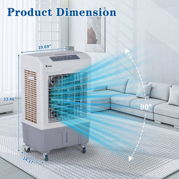 3 in 1 Portable Evaporative Cooler,Indoor,Outdoor,2647CFM Personal Air Cooler with remote control ,10.57 Gal Large Water Tank & Scroll Casters, 4 Ice Packs,White and gray