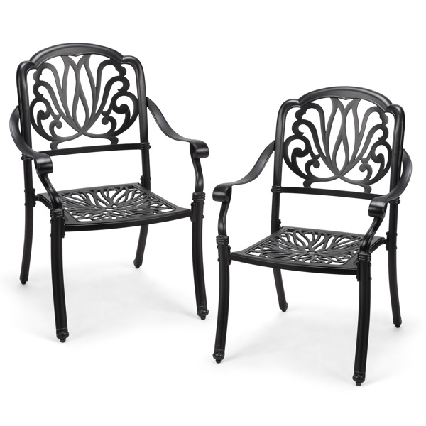 Patio Chairs Set of 2 - Stackable Outdoor Cast Aluminum Dining Chairs with Vintage Black Finish and Floral pattern, Metal Armchairs for Poolside, Backyard, Balcony (No cushion)