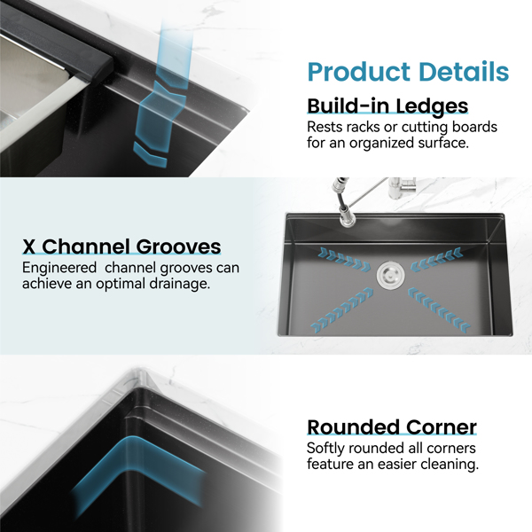 不锈钢厨房水槽，33“x19”单碗，带砧板的拉丝底装手工水槽，Colander【周末不发货，TK/TEMU订单仅支持自提】-3