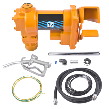 12V 15 GPM Yellow Fuel Transfer Pump + Discharge Hose + Manual Nozzle Kit