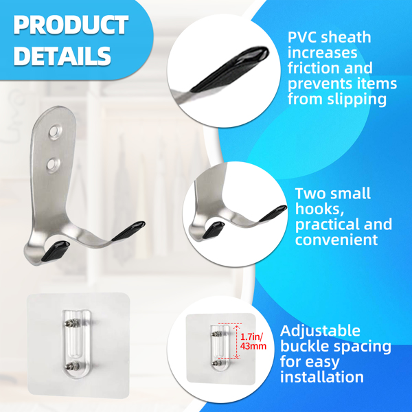 Stainless steel large-sized double-ended hook without drilling holes for kitchen and bathroom storage, suitable for hanging clothes and other items