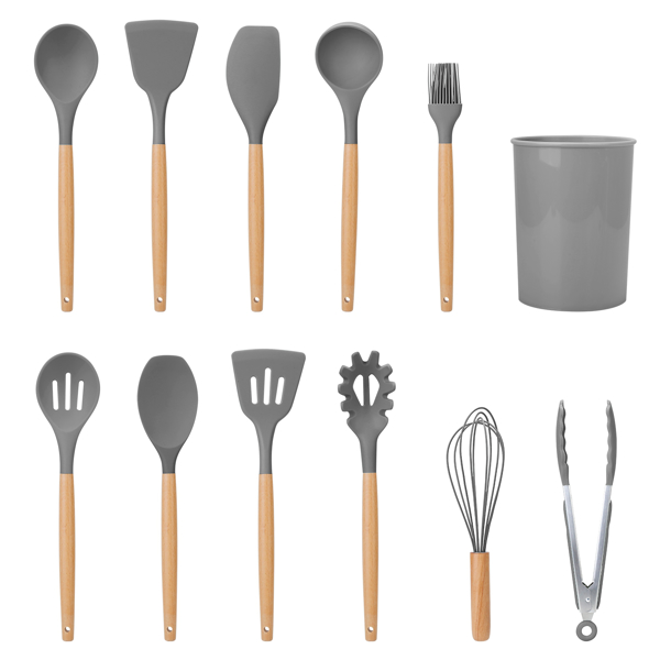 11Pcs Silicone Cooking Utensil Set Heat Resist Wooden Handle Silicone Spatula Ladle Spaghetti Server Tongs Spoon Egg whisk Kitchenware Set w/ Holder