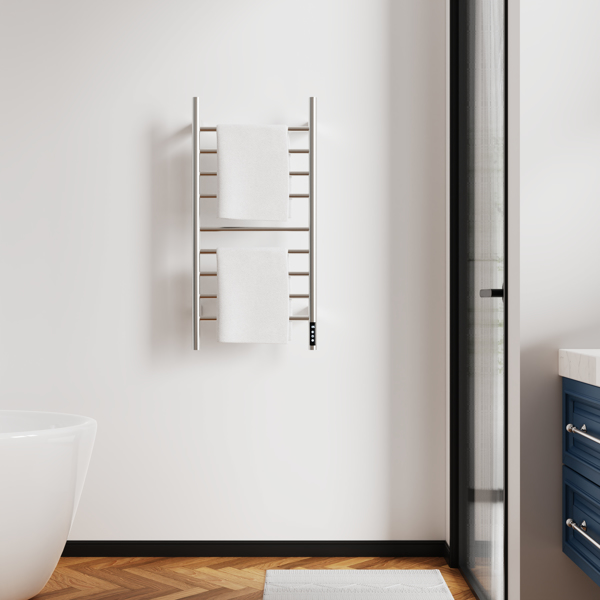 Brushed Nickel Heated Towel Rack for Bathroom,Wall Mounted with Intelligent Touch Screen Timer, 9-Bar Towel Warmer, 304 Stainless Steel Polished, Plug-in/Hard-Wired[Unable to ship on weekends]