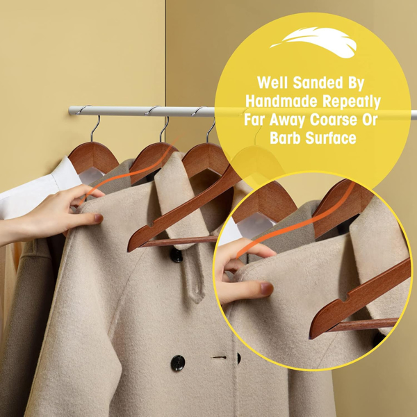 10 - Pack Wood Hangers in Walnut Color. Heavy - Duty, Non - Slip and Durable, Perfect for Organizing Coats, Shirts, Jackets, Pants, Suits, and Saving Closet Space