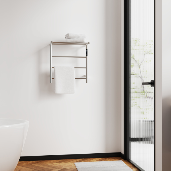Heated Towel Rack with Top Shelf, 3-Bar Towel Wall Mounted Warmer for Bathroom with Intelligent Touch Screen Timer, 304 Stainless Steel Polished, Plug-in/Hard-Wired[Unable to ship on weekends]