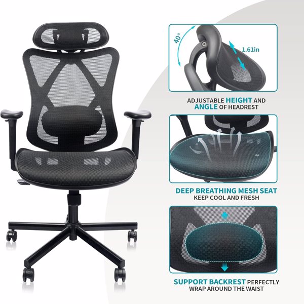 Mesh Office Chair Back Height Adjustable with Wheel Legs,Lumbar Support, Adjustable Armrest,Adjustable Headrest,Tilt
