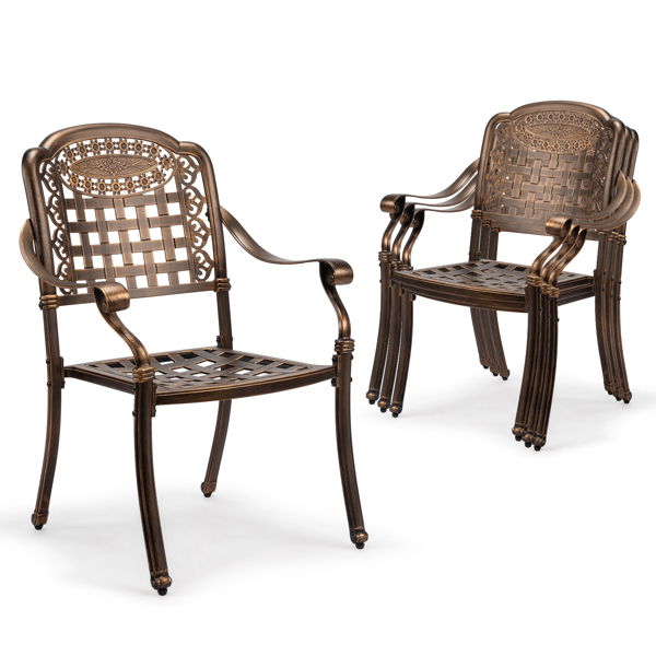 Patio Chairs Set of 2 - Stackable Outdoor Cast Aluminum Dining Chairs with Vintage Bronze Finish and Plaid Pattern, Metal Armchairs for Poolside, Backyard, Balcony (No cushion)