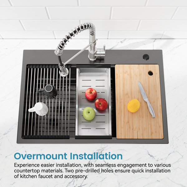 不锈钢厨房水槽，30“x22”单碗，黑色超装手工水槽，带砧板、滤锅、格栅【周末不发货，TK/TEMU订单仅支持自提】-9