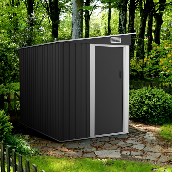 5*7FT Outdoor Storage Shed, Metal Garden Storage House with Slanted Roof & Double Sliding Doors for Backyard Outdoor Patio, Black